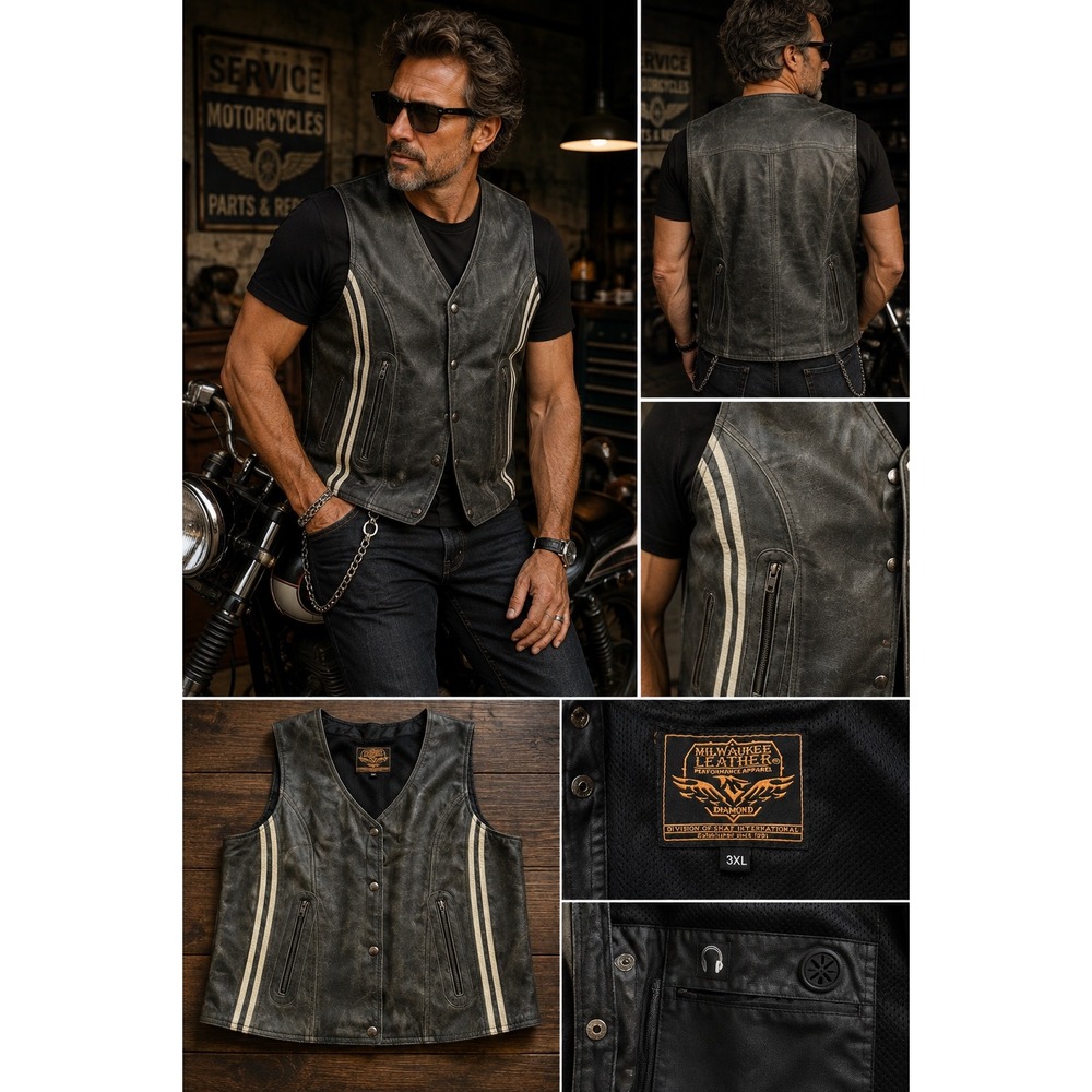 Milwaukee Leather Distressed Gray Racing Stripe Moto Vest 3XL Womens Mens Biker